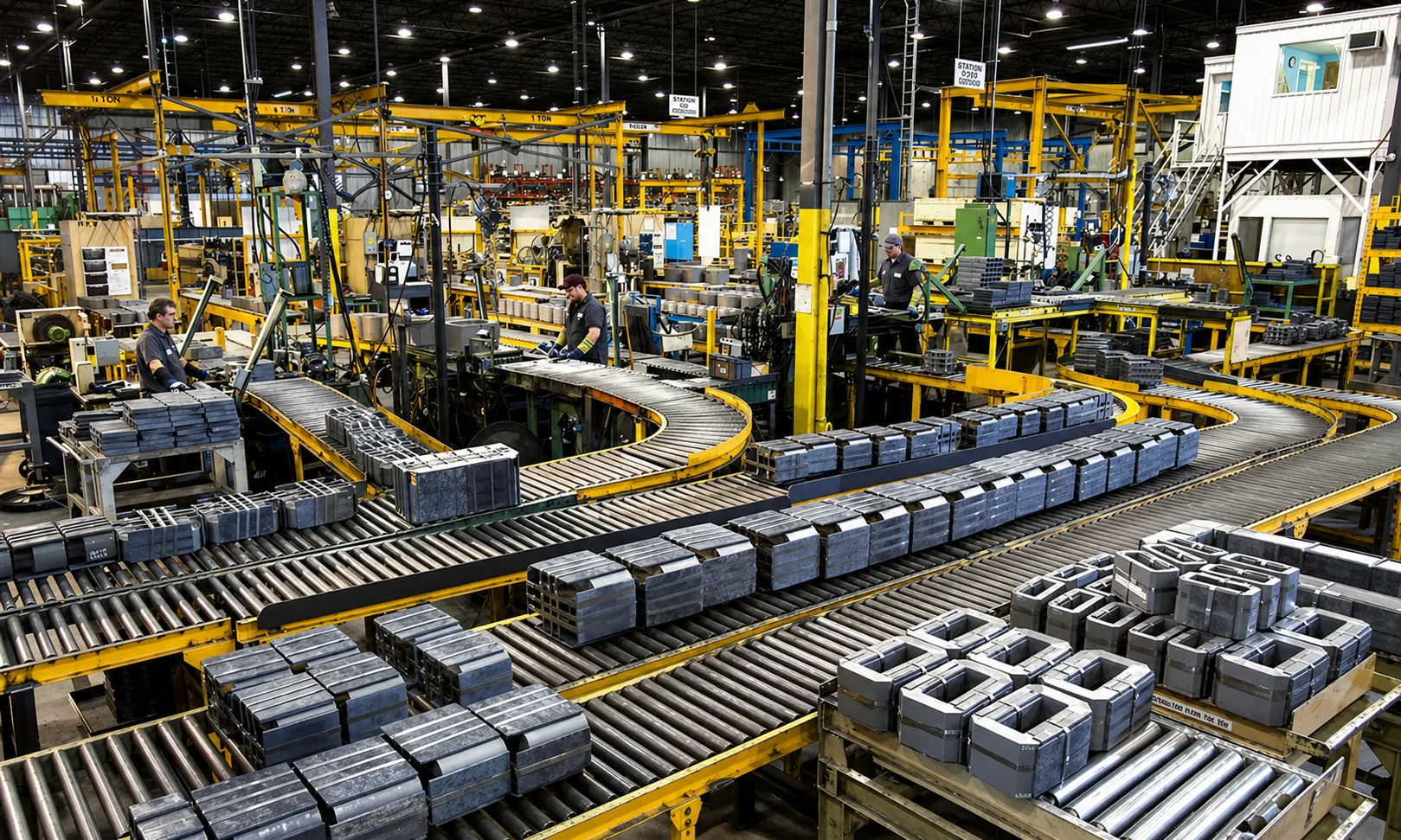 Planta industrial con línea de producción y control operativo