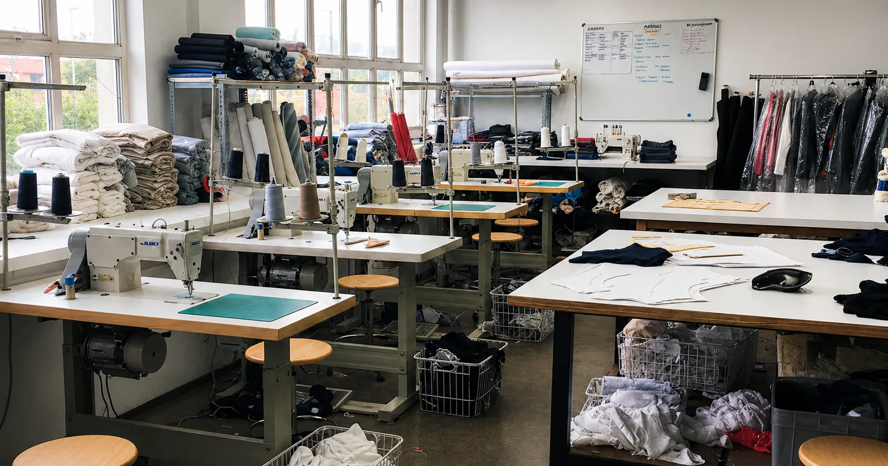 Taller textil con máquinas de confección y mesas de trabajo
